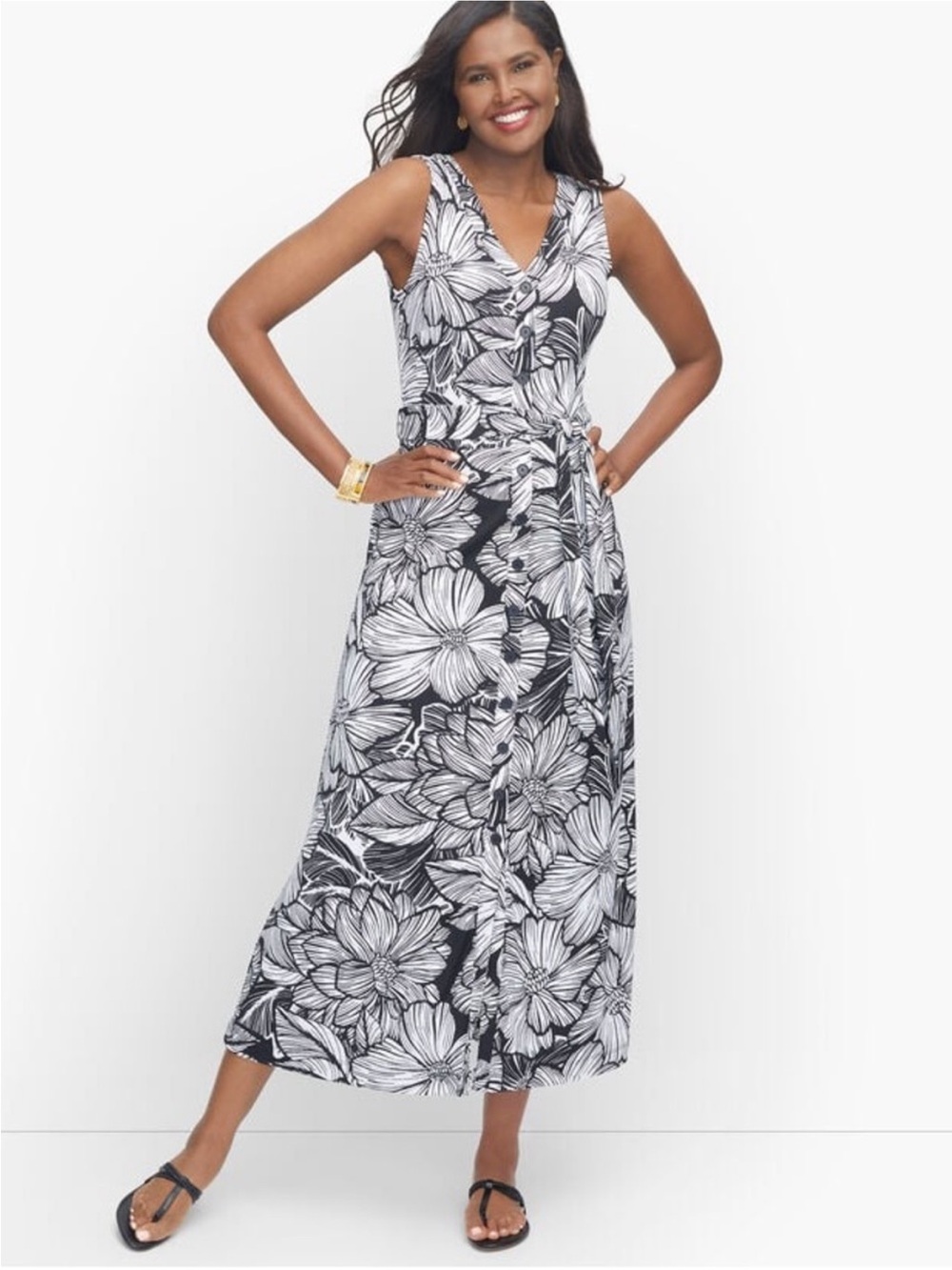 Talbots Black & White Floral Sleeveless Maxi Dress